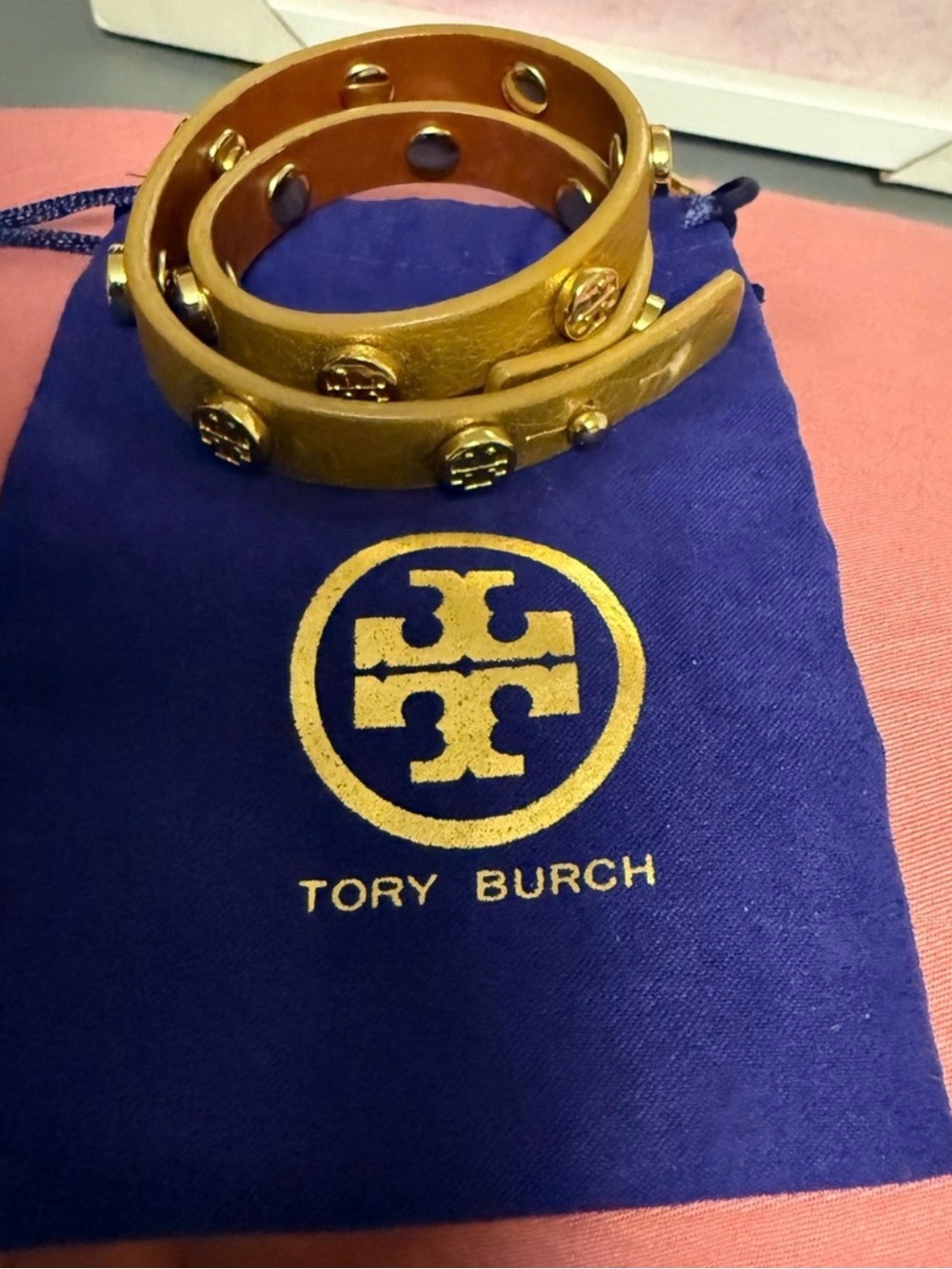 Tory Burch Gold Leather Stud Wrap Bracelet in a dusty